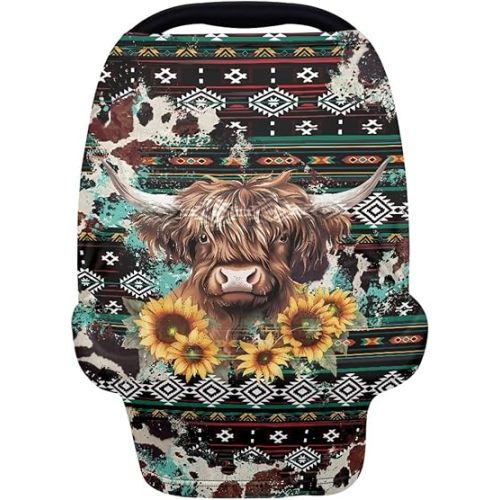 Highland Cow Print Baby Carseat Cover Sunflower Nursing Cover Fashion Carseat Covers Baby Nursing Cover Toddler Boy Girls Breastfeeding Canopy Infant Stroller Cover Car Seat Canopy