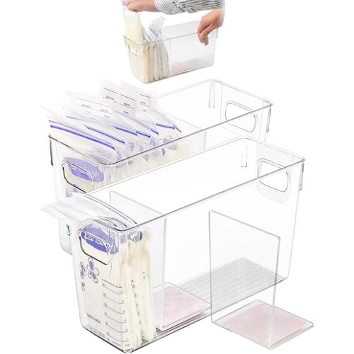 Breastmilk Storage Container with L Shaped Separator Boards, Dividers Will Flatten Standing Breast Milk Bags in Organizer Bins to Save Refrigerator Space | 2 Containers Plus 4 Pink Boards in Total.
