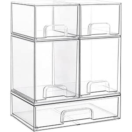 Vtopmart Stackable Storage Drawers Set of 5, Clear Plastic Organizer Bins for Baby Bottle, Beauty Supplies Storage, Ideal for Kichen Countertop, Vanity, Bathroom, Cabinet, Pantry Organization