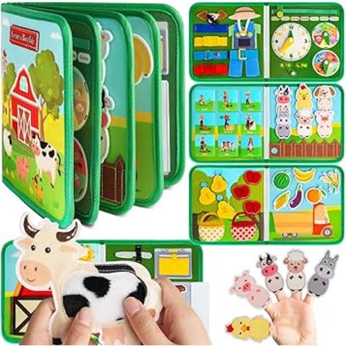 Quanquer Toddler Busy Board Montessori Toys for 1 2 3 4 Year Old - Farm Busy Book Educational Learning Sensory Toys for Boys Girls - Christmas Birthday Gifts for Toddlers Travel Toys for Airplane Car