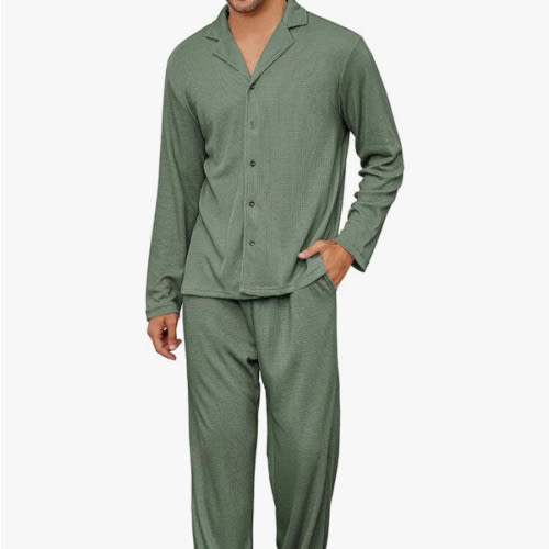 Andeip Men's Pajama Set Waffle Knit Lounge Pjs Set Long Sleeve Top and Pants Sleepwear 2 Piece Button Down Loungewear