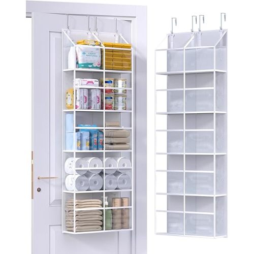 Clear Over The Door Organizer 5 Shelf, Door Hanging Organizer with 10 Large Capacity Pockets, Behind The Door Storage for Pantry Dorm Room Bedroom Closet Nursery and Sundries, White