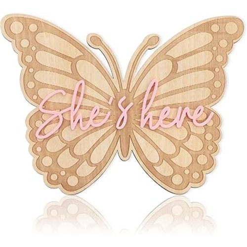 She's Here Butterfly Wooden Board - Little Princess Birth Announcement Sign,Butterfly Gender Reveal Decorations,Newborn Hospital Birth Milestone Card,Butterfly Shape She's Here Sign Photo Props