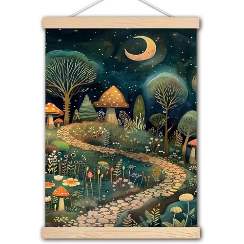 pouep Whimsical Enchanted Forest Woodland Mushroom Crescent Moon Wall Art Poster, Fairytale Nursery Decor, Mystical Magical Nature Wall Art for Home Kids Room Nursery Playroom, 16x24 Inch