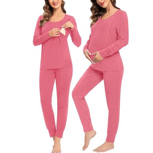 SWOMOG Women Maternity & Nursing Thermal Underwear Set Postpartum Pajamas Breastfeeding Long Sleeve Base Layer Pregnant Pjs
