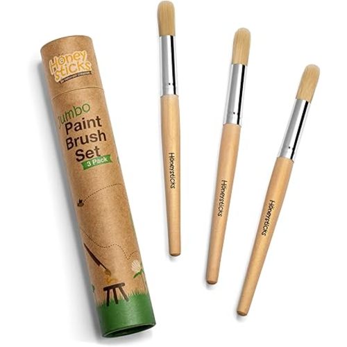 Honeysticks Jumbo Paint Brush Set - 3 Pack. Jumbo Paint Brushes for Kids with a Large Wood Handle for Easy Grip. Perfect for Toddler and Preschool Painting. Handy Storage Container. Vegan.