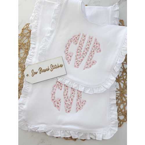 Bib and burp cloth set, monogram baby shower gift, girl new baby gift, girl burp cloth and bib set