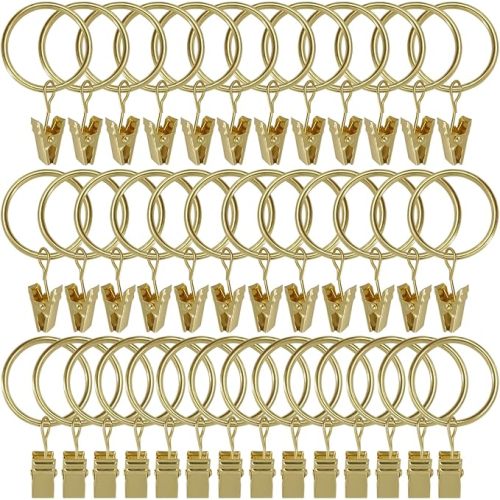 40 Pack Gold Curtain Rings with Clips, Curtain Hooks Hangers Clip Rings for Hanging Drapes Bows Hat, Drapery Rings 1.26 in I D, Fits up to 1 in Diameter Curtain Rod.
