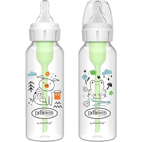 Dr. Brown's Natural Flow Anti-Colic Options+ Narrow Baby Bottle, Pig & Frog, 8 oz/250 mL, with Level 1 Slow Flow Nipple, BPA Free, 0m+, 2-Pack