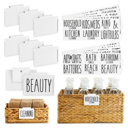 Talented Kitchen 8 Pack Metal Basket Labels Clip On Holders w/ 70 Household Labels for Storage Bins, Bin Clips Labels Tags for Organizing Home, White