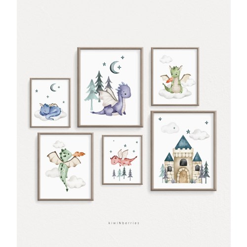 Nursery printable art set, DIY nursery decor, Dragon prints, Mythical creatures, Castle and dragons nursery art, Fairytale baby dragons
