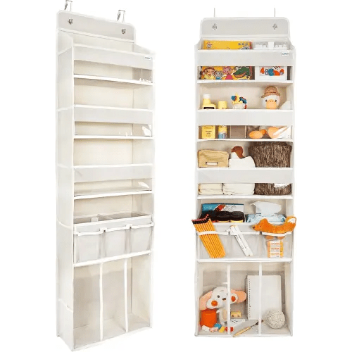 Door Hanging Storage Organizer,with 3 Bins 1 Movable Baby Diaper Caddy,1 Large capacity diaper stacking storage Organizer,10 Side Pockets ,Bedroom Door Storage for Nursery Baby Essentials. (Beige)