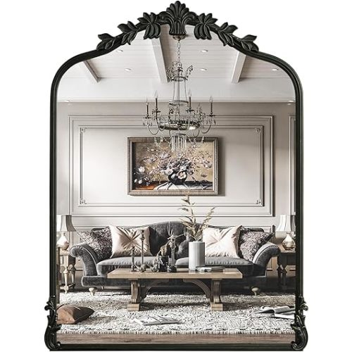 WallBeyond Black Antique Mirror for Vanity 24x32 Inch, Black Vintage Mirror with Ornate Frame, Arched Vintage Wall for Bathroom, Living Room, Fireplace