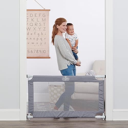 Regalo 50" Extra Wide Gray Expandable Mesh Gate, Pressure Mounted, Includes Rubber Bumpers to Protect Walls