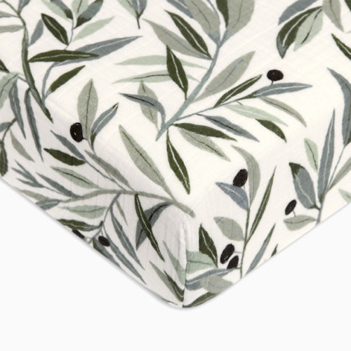 Crib Sheet in GOTS Certified Organic Muslin Cotton - Olive Branches