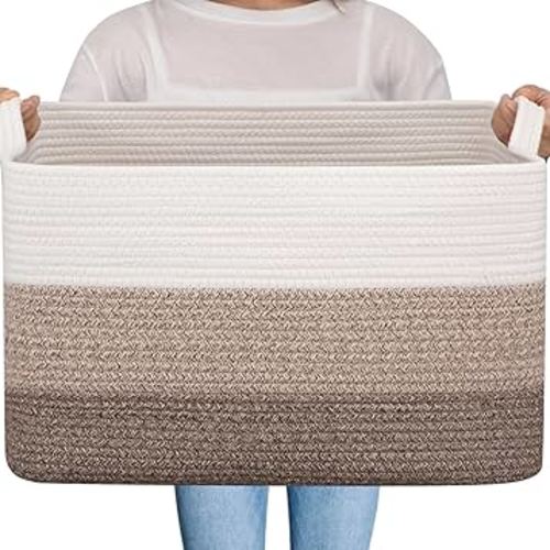 OIAHOMY Large Storage Basket, Cotton Rope Woven Blanket Basket, Toy Bin for Baby Room, Container for Blanket Storage in Living Room, 20''×16''×12'', Gradient Brown