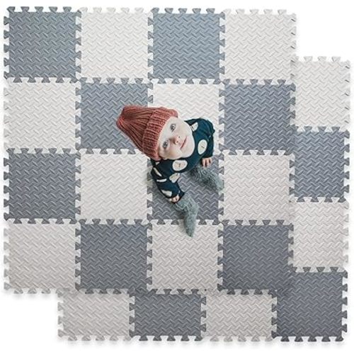 16 Tiles Foam Play Mat for Baby, Soft & Safe EVA Foam Mats for Floor, Square Baby Play Mat, Solid Colored Kids Foam Puzzle Floor Mat, 47x47 Play Mat for Playpen(Whit/Gray)