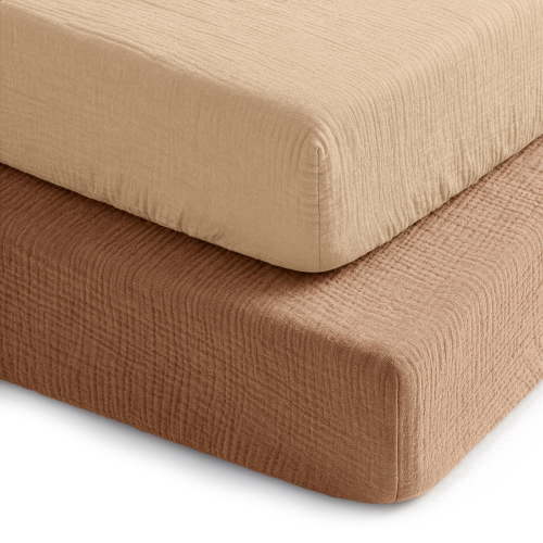 Comfy Cubs Muslin Crib Sheet, 100% Muslin Cotton Sheets for Standard Crib - 2 Pack, Cedar and Cream