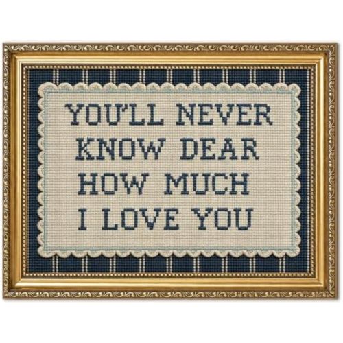 Vintage Gold Framed You'll Never Know Dear How Much I Love You Wall Art, Nursery Blue Striped Pictures Wall Decor, Inspirational Quote Paintings Canvas Prints for Boy Bedroom Living Room 8x10 inch
