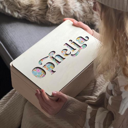 Wooden Name Fabric Keepsake Box | Laser Cut Peekaboo Wooden Box | New Baby Gift Or Christening Gift Or Christmas Eve Box | Int Shipping