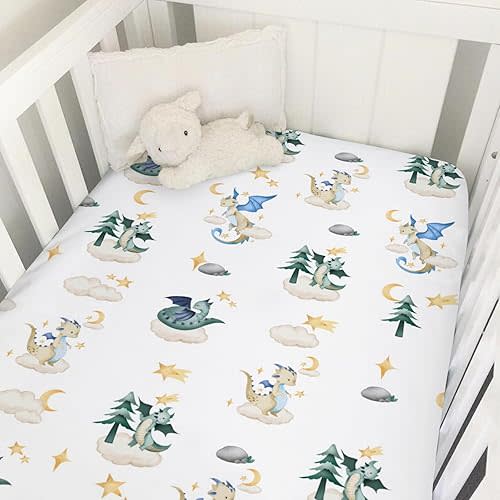 Cartoon Fairy Tale Dragon Moon Stars Clouds Trees Baby Crib Sheets 52''x28'' Watercolor Dragons Stretchy Fitted Crib Mattress Cover for Boy Girl Soft Bed Sheet for Standard Crib Toddler Mattress
