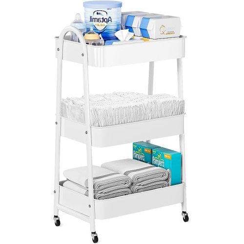 Baby Diaper Caddy Organizer, Metal Utility Diaper Cart, Multifunction Essential Newborn Baby Registry Items, Movable Changing Station/Easy Assembly, White