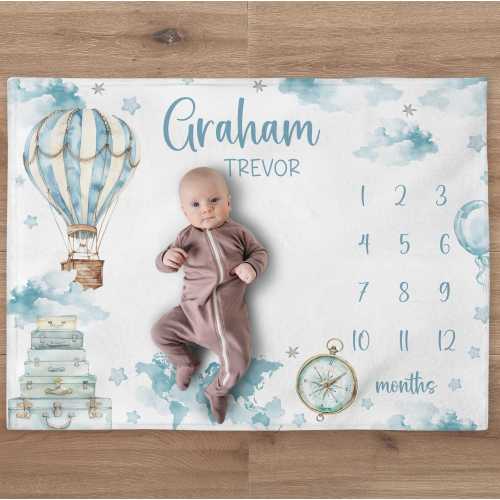 Hot Air Balloon Milestone Blanket, Personalized Baby Boy Month Blanket, Star Nursery Custom Newborn Growth Tracker, New Mom Baby Shower Gift