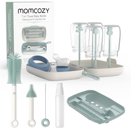 Momcozy Bottle Brush Set - Baby Bottle Cleaner Kit with Silicone Brush, Nipple Brush, Straw Brush, Soap Dispenser, Drying Rack - 7 in 1 Bottle Cleaning Tool for Home and Travel, Pink