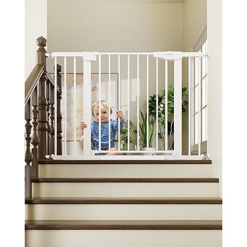 Cumbor 29.7-46" Baby Gate for Stairs, Toddler Safety Essentials for The House, Auto Close Dog Gate for Doorways, Mom's Choice Awards Winner-Easy Install Pressure Mounted Pet Gates for Dogs, White
