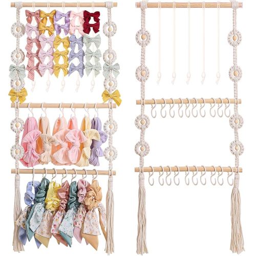 Headband Holder - Bow Holder for Baby Girl – Macrame Bow Organizer for Baby Girl w/Hooks, Slings & Wooden Bead – Space Saving Baby Bow Organizer for Expecting Moms