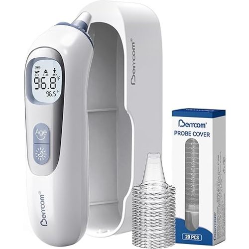 Berrcom Ear Thermometer with Heated Tip & Age Precision, Fever Alarm with Mute & Night Light, Includes 21 Probe Covers & Storage Box, Accurate Digital Ear Thermometer for Adults, Kids and Babies