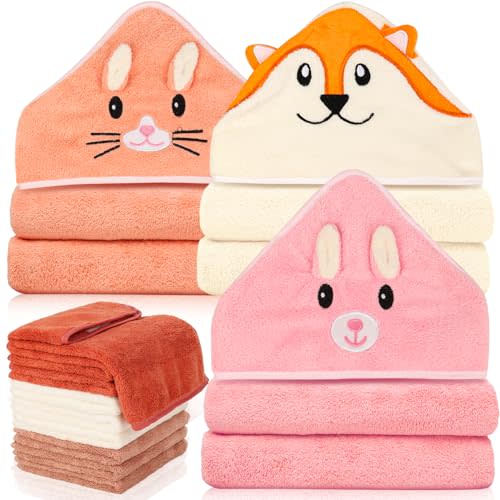 Sublaga 31x31 Inch Baby Hooded Towels, 12Pcs Bath Towels for Girls, Washcloth Set with Cute Design, Shower Towel Gift for Newborns, Infants and Toddlers