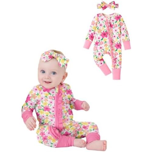 PATPAT Baby Girl Boy Clothes Newborn Infant Footie – Soft Viscose from Bamboo– 2-Way Zipper, Fold-Over Mitten, Ruffle Trim