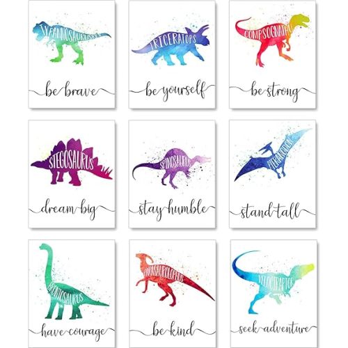 Zonon 9 Pcs 8 x 10 inch Dinosaur Boy Room Decor Dinosaur Watercolor Poster Wall Art Prints Dinosaur Motivational Words Inspirational Quotes Wall Decals for Nursery Classroom Kid Decoration Unframed