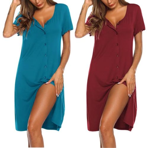 Ekouaer 2 Pack Nightgowns for Women Button Down Night Shirts Short Sleeve Sleep Shirts V Neck Sleepwear Pajama Dress
