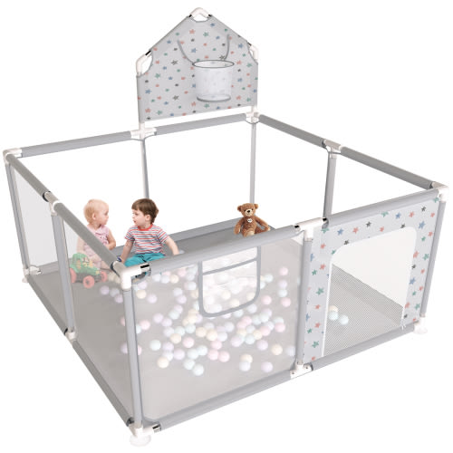 Baby Playpen, Breathable Baby Play Yard, 47.2*47.2inch Play Panel for Toddler with Basketball Hoop, Gray