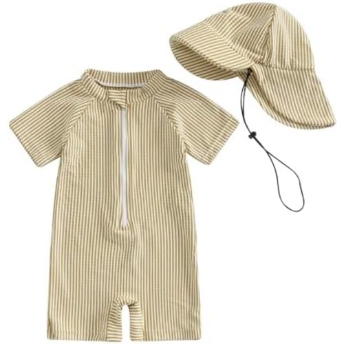 Toddler Baby Boys Seersucker Short Sleeve One Piece Rash Guard Swimsuit Zipper Bathing Suit Swimwear with Hat