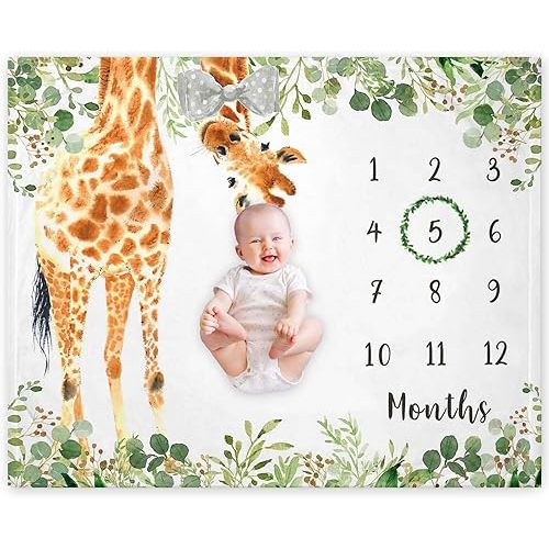 Yuzioey Giraffe Milestone Blanket, Safari Baby Growth Chart Monthly Blanket, Watch Me Grow Jungle Baby Nursery for New Moms Baby Shower(50"x40")