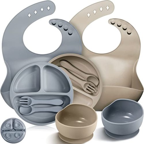 10 Pack Silicone Baby Feeding Set - Gray, Khaki)