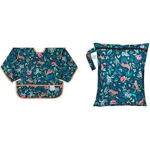 Bumkins Sleeved Bib and Waterproof Wet Bag for Baby, Travel, Swim Suit, Cloth Diapers, Pump Parts, Pool, Gym Clothes, Toiletry, Strap to Stroller, Daycare, Zipper Reusable Bag, Jungle