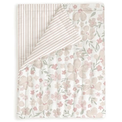 MakeMake Organics Organic Baby Comforter GOTS Certified Organic Kids Blanket Cotton Infill Tufted - Reversible Ultra Soft Breathable Boys Girls (30"x40", Blossom + Beige Stripes)