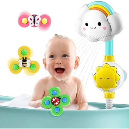 Baby Bath Toy Shower Head - OWNONE 1 Bathtub Shower Sprayer, Bath Toy for Toddlers Ages 1-3, 2-4 Years Old, Infant Baby Bath Toy 6-12, 12-18 Months - Includes 1 Cloud Shower Head & 3 Suction Spinners