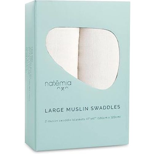 Natemia Baby Muslin Swaddle Blankets - Muslin Swaddle Blankets Boy and Girl, Swaddles for Newborn, Soft and Breathable Baby Girl Muslin Swaddle Blanket, Newborn Baby Essentials, 47" x 47", 2-Pack