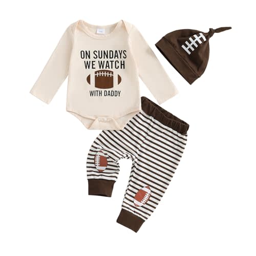 Baby Boy Football Outfits Sundays are for with daddy Letter Print Bodysuit Romper Rugby Legging Pants Hat 3pcs Set