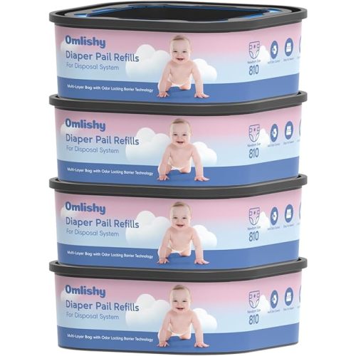 Jumbo Square Bags Refill Compatible with Genie Diaper Compact, Select Pails (Not Fit Classic), Max Order Control, Disposal Bag Refills with Continuous Film, Holds Up to 810 Newborn Diapers, 4 Pack