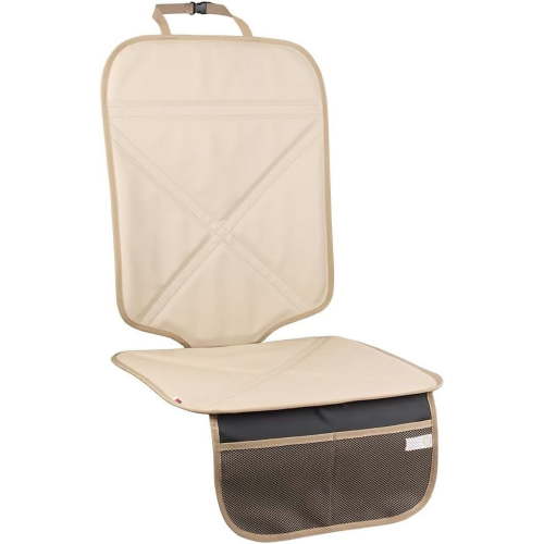 Car Seat Protector Leather Waterproof Child Safety Seat Protector Cover with Thick Pad and 2 Large Pockets Durable Kick Mat for All Auto Seat (Beige)