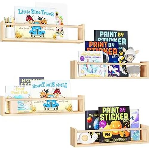 Fixwal Nursery Book Shelves, 16.5 Inch Floating Nursery Bookshelves, Set of 4, Wall Bookshelf for Kids Solid Wood Wall Mounted Shelves for Books,Toys and Decor Storage (Natural Wood)