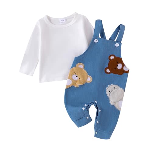 Newborn Baby Boy Girl Fall Outfits Long Sleeve Stripped Tops Waffle Suspender Bear Jumpsuit Baby Winter Clothes Set