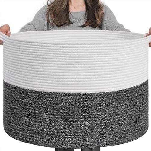 INDRESSME XXXLarge Cotton Rope Basket 21.7" x 21.7" x 13.8" Woven Baby Laundry Basket for Blankets Toys Storage Basket with Handle Comforter Cushions Storage Bins Thread Laundry Hamper