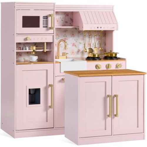 Best Choice Products Deluxe Pretend Play Kitchen with Island, Espresso Machine Version - Pink